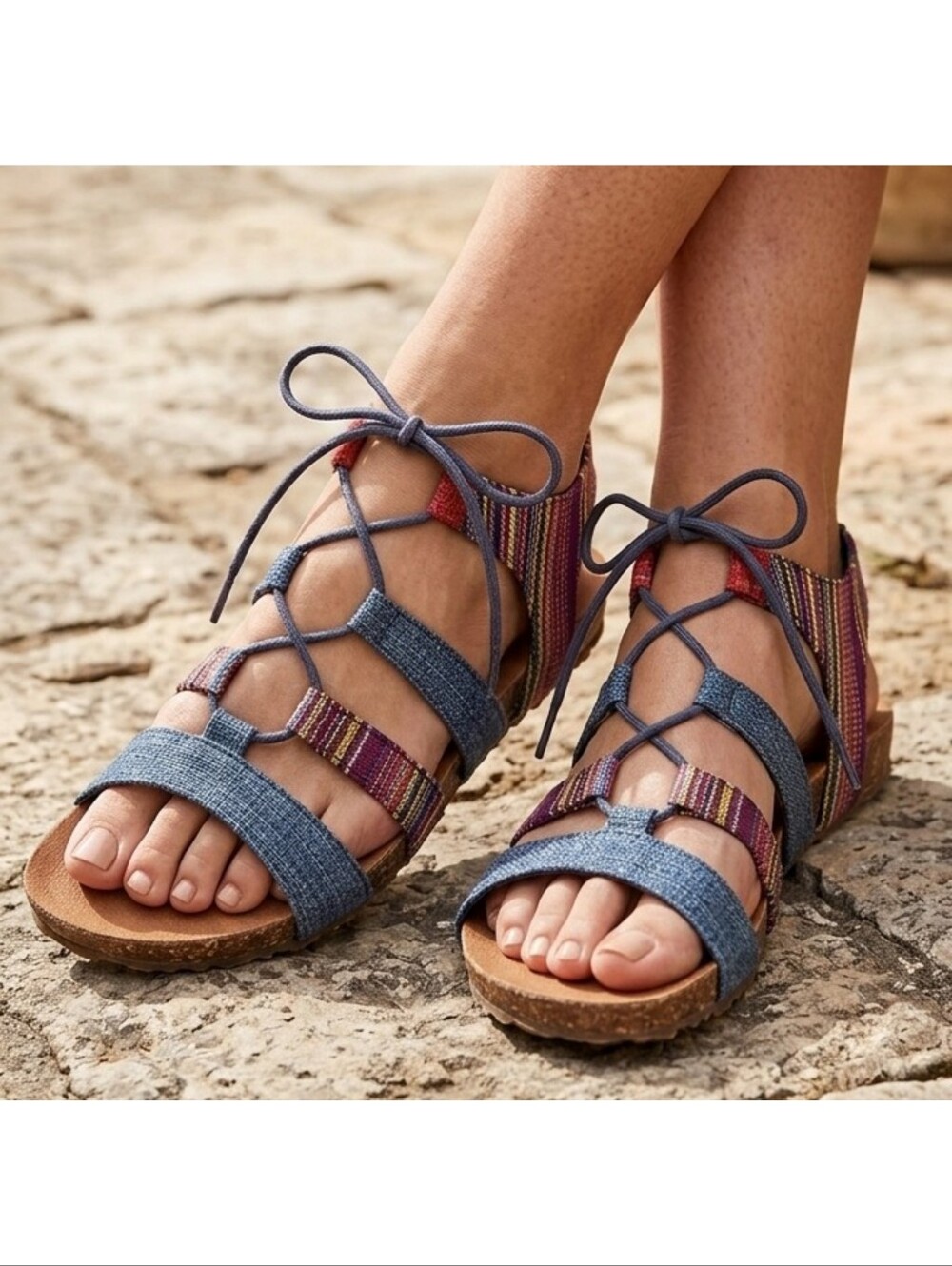 Minnetonka Effie Gladiator Sandals Denim Striped Size 8
